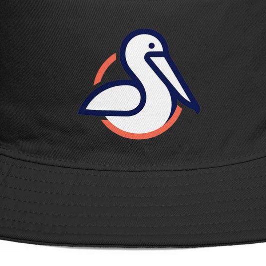 Black bucket hat with a logo on a white background