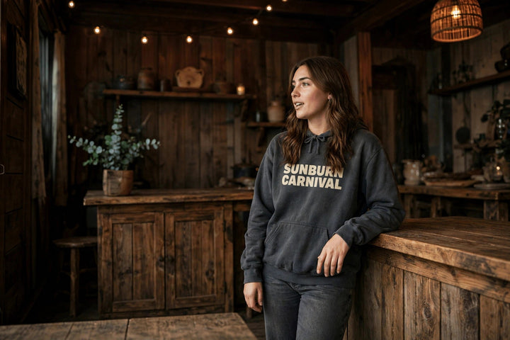 Sunburn Carnival Hoodie — in the Five Tides room, female front