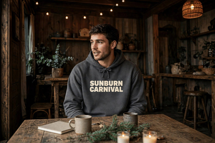 Sunburn Carnival Hoodie — in the Five Tides room, male front