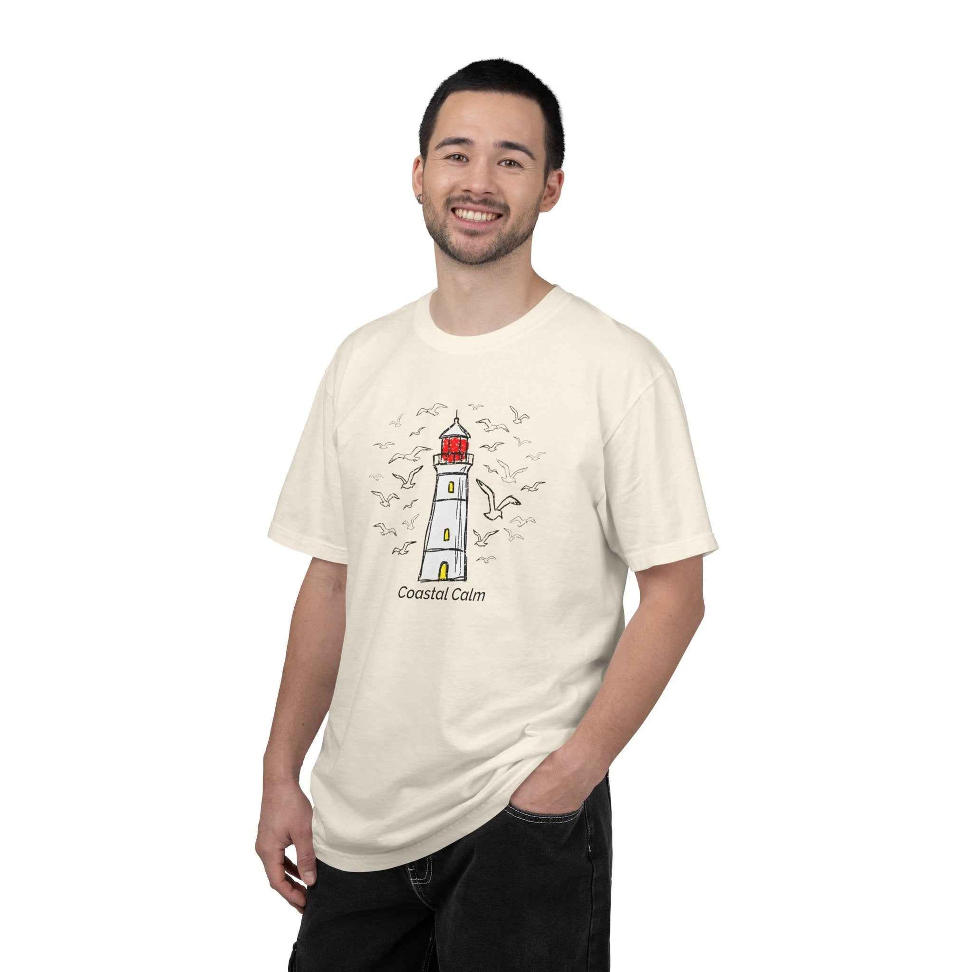 Coastal Calm Seabirds Lighthouse T‑Shirt, Beach Summer Stye Cotton Tee