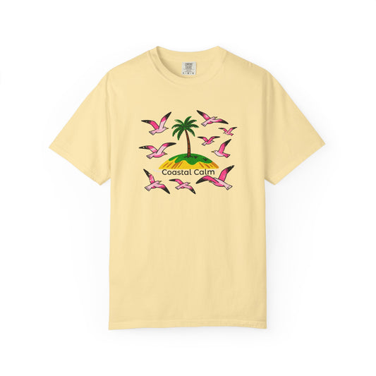 Coastal Calm Painted Graphic T-Shirt — Palm Tree & Seagulls Summer Beach Tee
