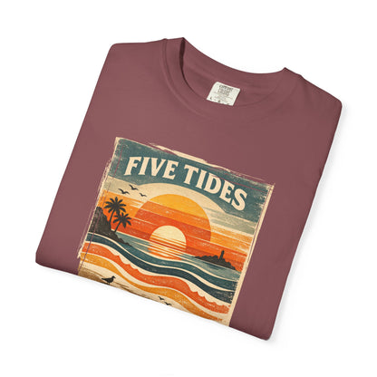 Five Tides Sunset Beach T-Shirt - Vintage Tidal Surf Graphic Tee
