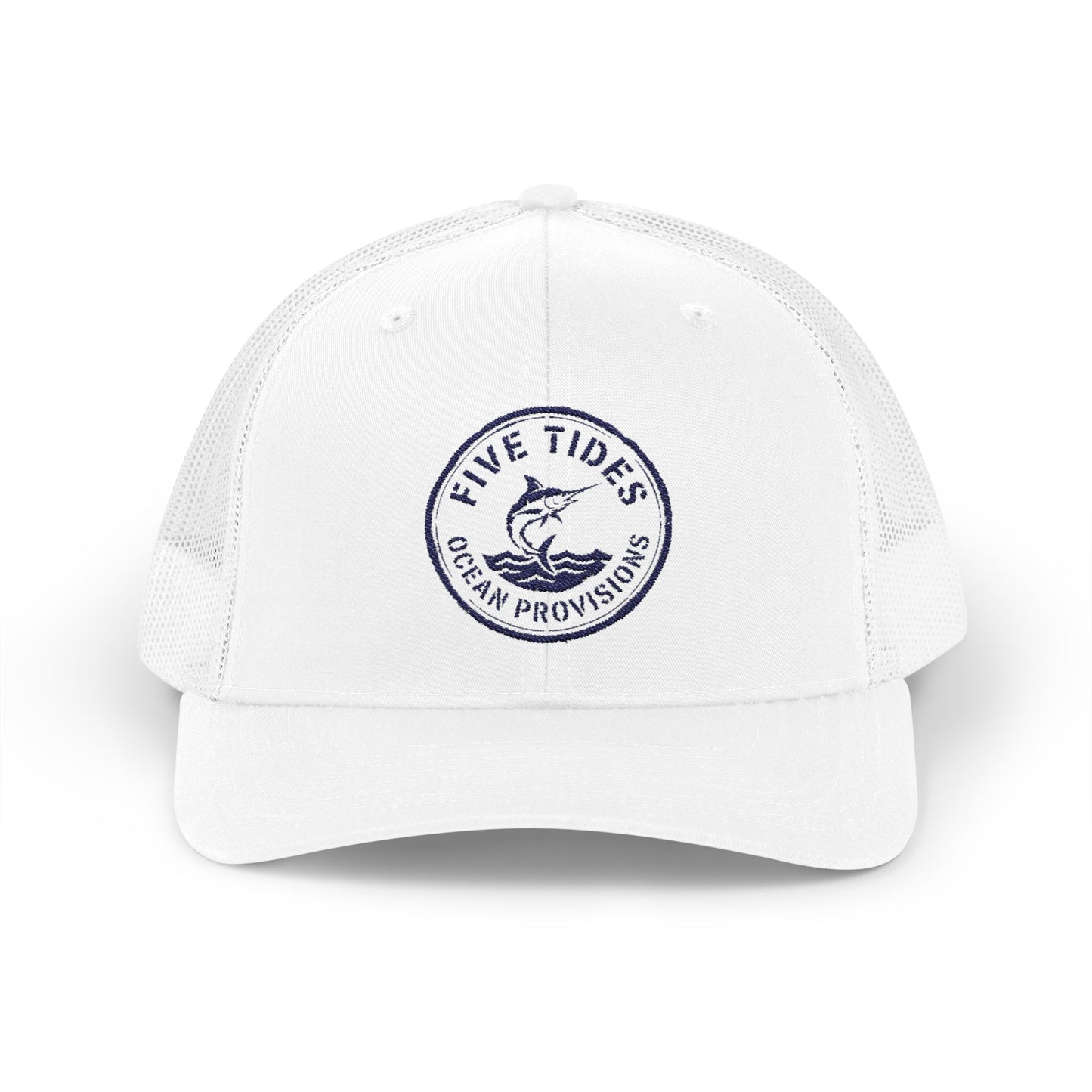 Five Tides Ocean Provisions Embroidered Snapback Hat - Swordfish Summer Trucker Style Cap