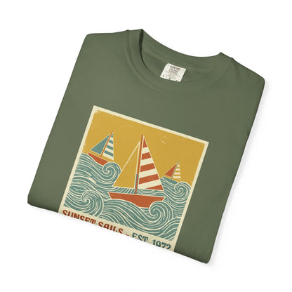 Sunset Sails Graphic Tee - Vintage Sailboat Travel Beach T-Shirt
