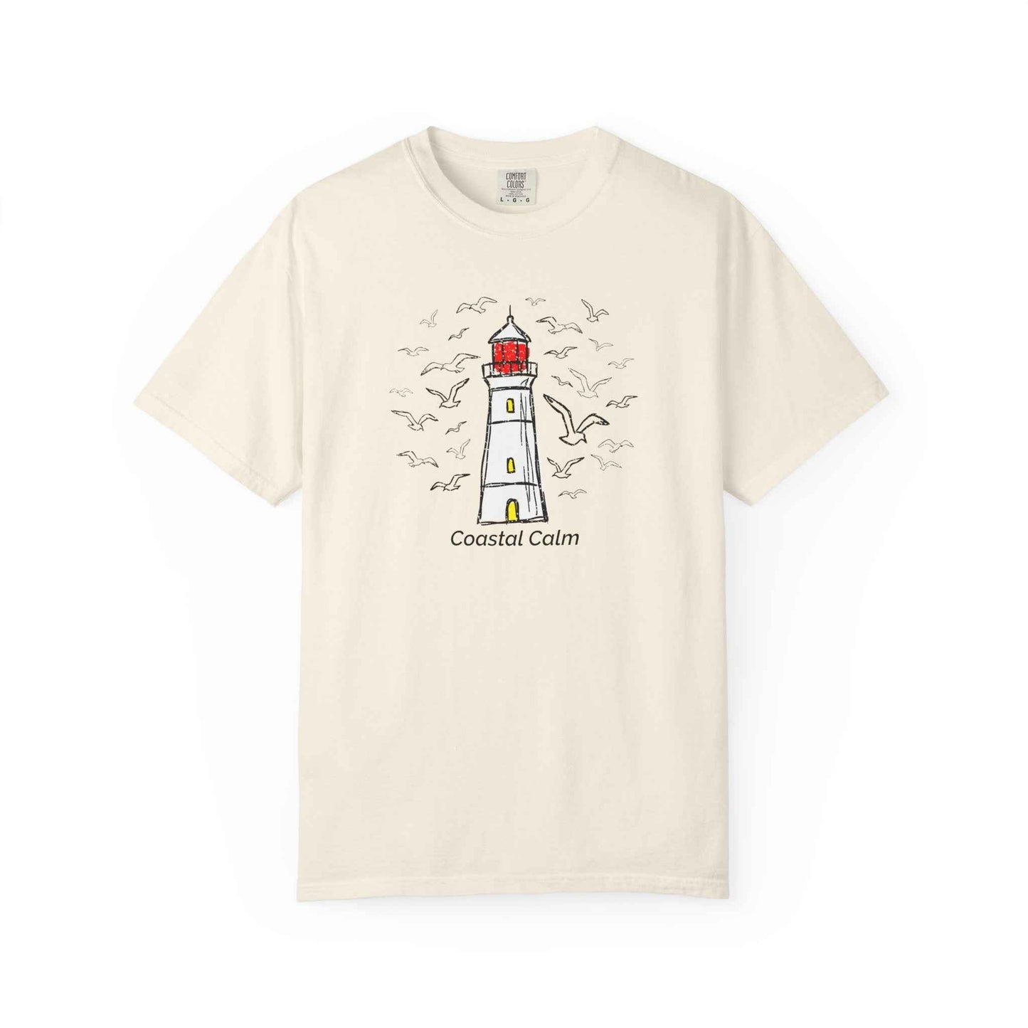 Coastal Calm Seabirds Lighthouse T‑Shirt, Beach Summer Stye Cotton Tee