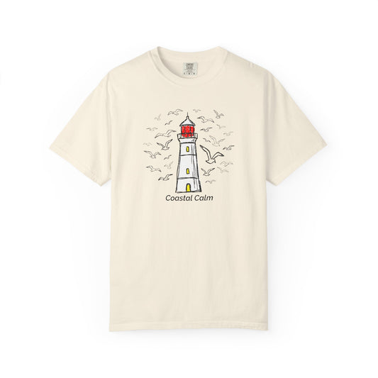 Coastal Calm Seabirds Lighthouse T‑Shirt, Beach Summer Stye Cotton Tee