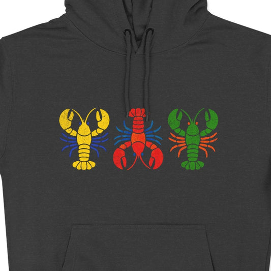 Black hoodie with colorful lobster designs on a white background