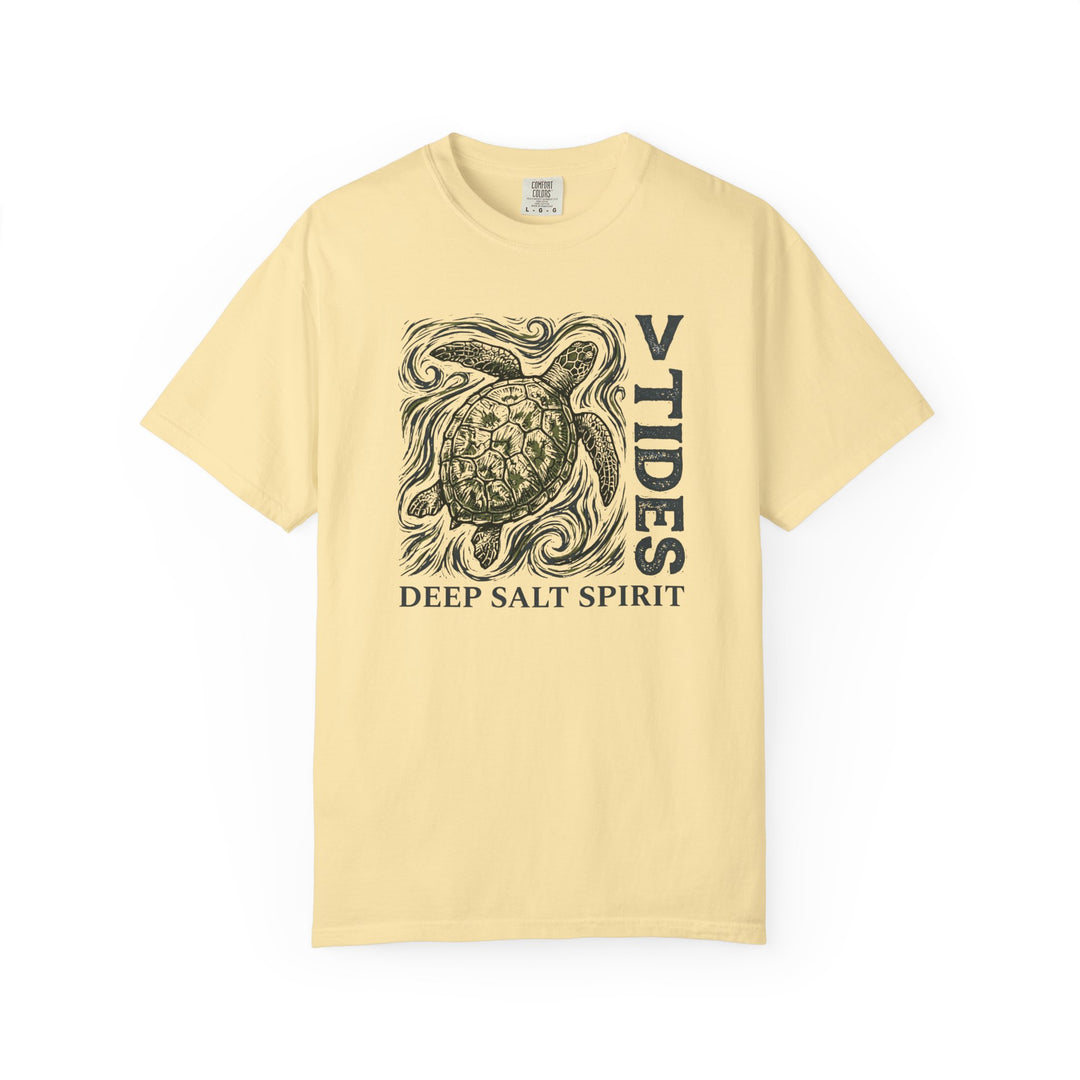 Yellow t-shirt with a turtle graphic and text on a white background