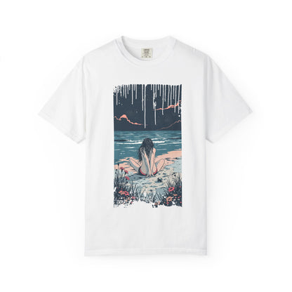 Sad Beach Scene T-shirt - Perfect for Nature Lovers, Summer Outings, Gifts for Friends, Relaxation Tees, Beach Vacation Wear
