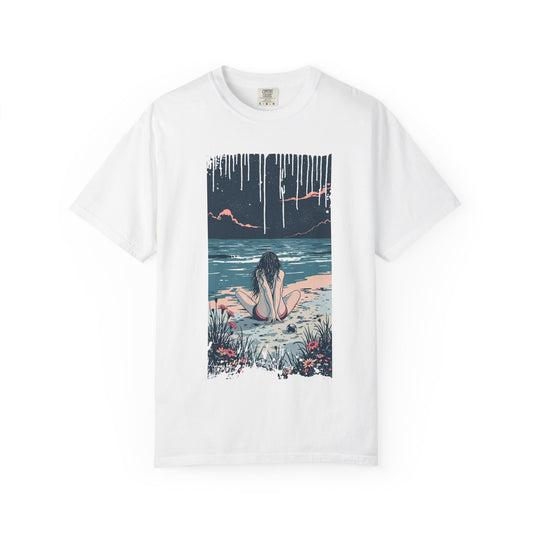 Sad Beach Scene T-shirt - Perfect for Nature Lovers, Summer Outings, Gifts for Friends, Relaxation Tees, Beach Vacation Wear