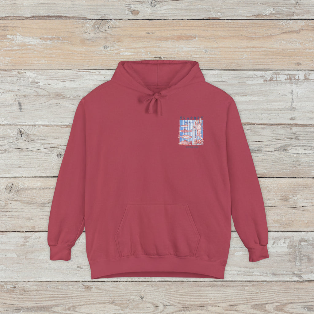Red hoodie with a colorful graphic on the chest pocket against a white background