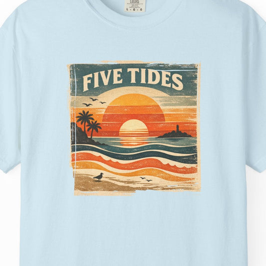 Light blue t-shirt with 'Five Tides' graphic design on a white background