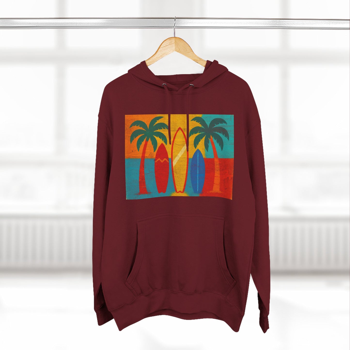 Surfboard Palm Tree Caribbean Hoodie — Retro Beach Graphic Pullover