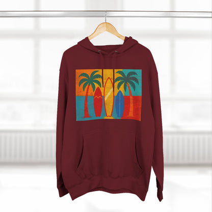 Surfboard Palm Tree Caribbean Hoodie — Retro Beach Graphic Pullover
