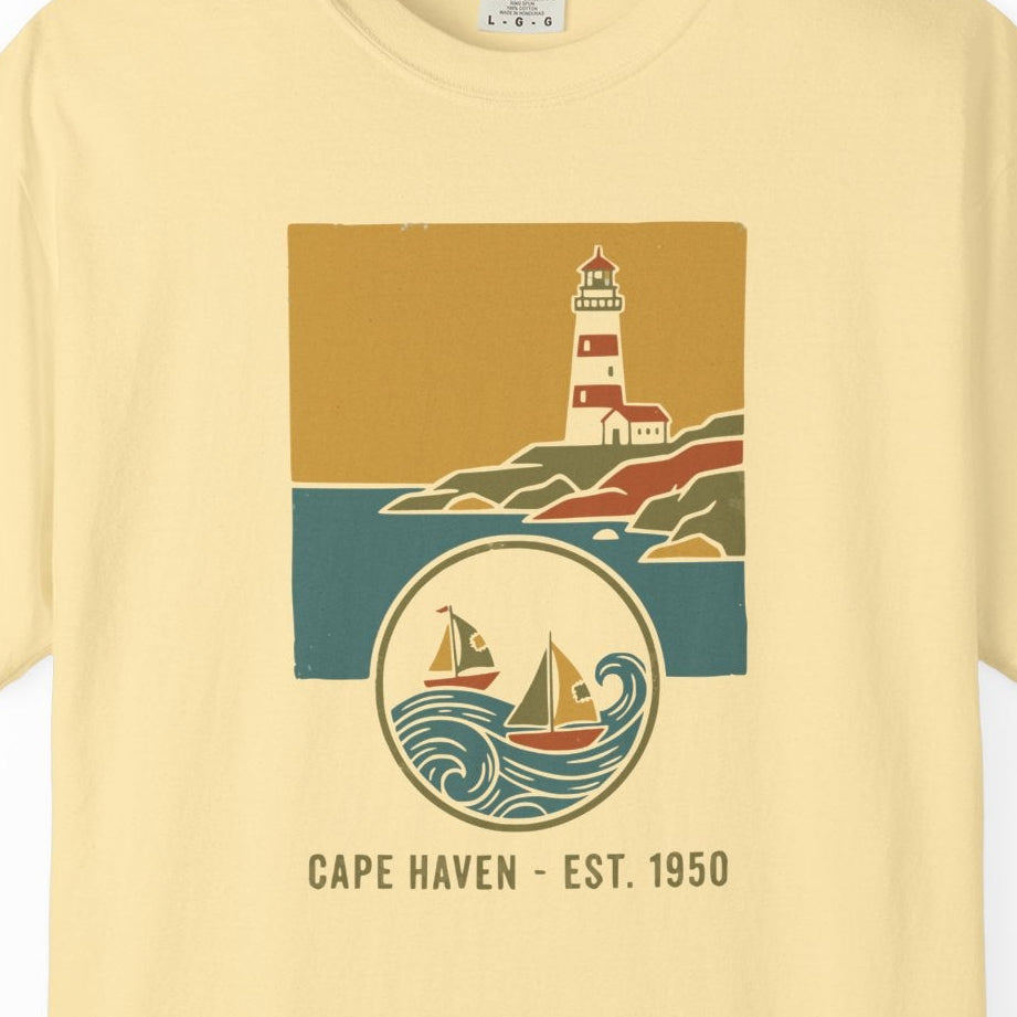 Lighthouse Coastal Graphic T-Shirt - Cape Haven Est. 1950 Nautical Beach Sailing Tee