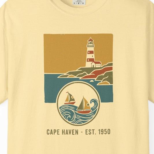 Lighthouse Coastal Graphic T-Shirt - Cape Haven Est. 1950 Nautical Beach Sailing Tee
