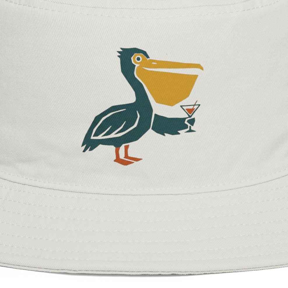 Pelican Cocktail Bucket Hat — Tropical Beach Sun Hat with Cartoon Pelican and Drink