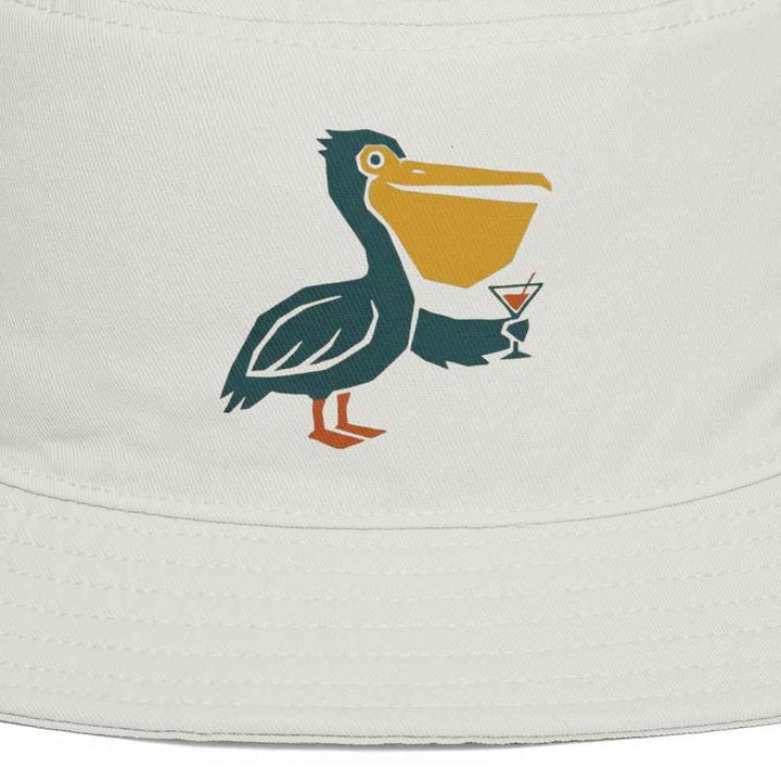 Pelican Cocktail Bucket Hat — Tropical Beach Sun Hat with Cartoon Pelican and Drink
