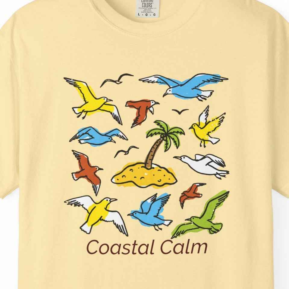 Coastal Calm Unisex Garment-Dyed T-shirt, Sea Birds Take Flight Graphic Summer Tee