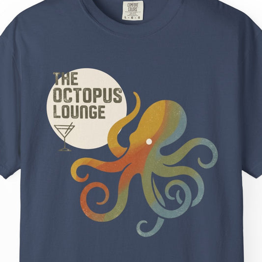 Navy blue t-shirt with a colorful octopus graphic and 'The Octopus Lounge' text on a white background
