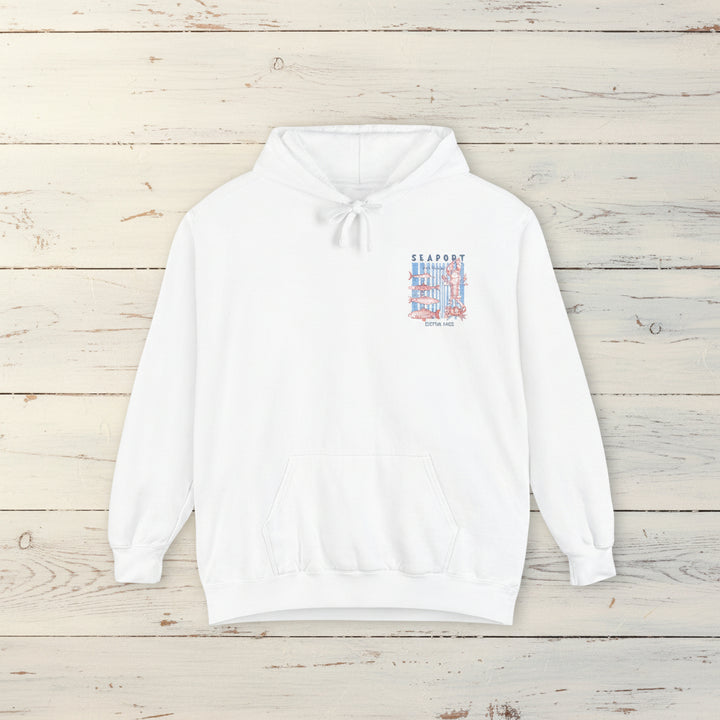 White hoodie with a colorful graphic on the chest against a white background