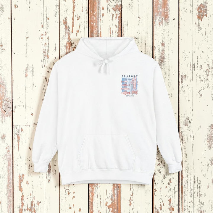 White hoodie with a colorful graphic on the chest against a white background