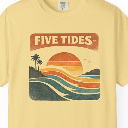 Yellow t-shirt with 'Five Tides' graphic design on a white background