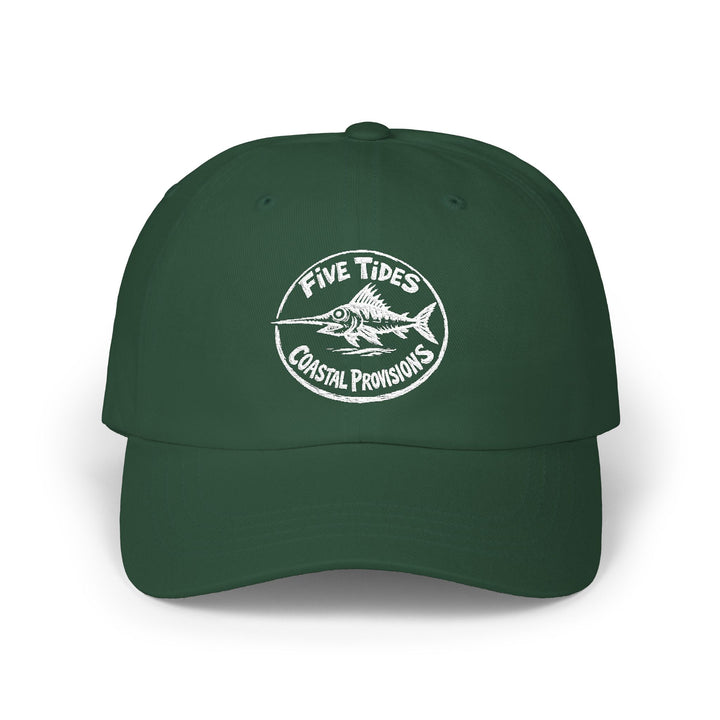 Five Tides Coastal Provisions Dad Cap | Embroidered Vintage Fish &amp; Peak Hat