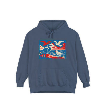 Coastal Birds Hoodie, Garment-Dyed Sweatshirt for Nature Lovers, Perfect for Beach Days, Gift for Birdwatchers, Casual Wear