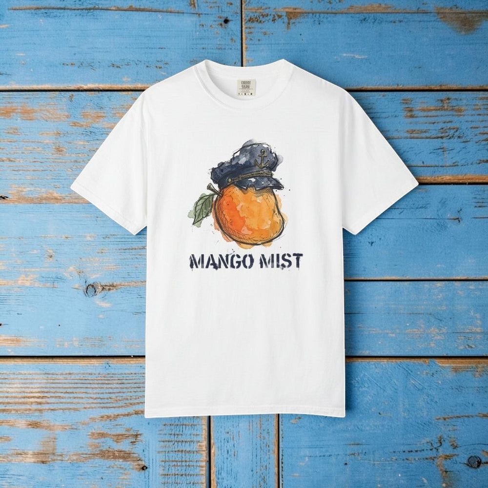 White t-shirt with a mango graphic and 'Mango Mist' text on a white background