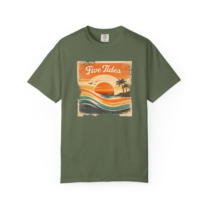 Vintage Beach Sunset Graphic Tee - Five Tides Coastal Surf T-Shirt