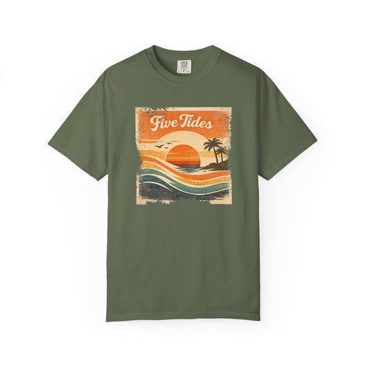 Vintage Beach Sunset Graphic Tee - Five Tides Coastal Surf T-Shirt