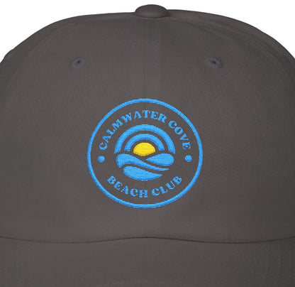 Dark gray cap with a blue logo on a white background