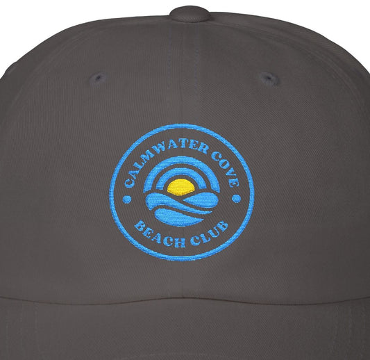 Dark gray cap with a blue logo on a white background