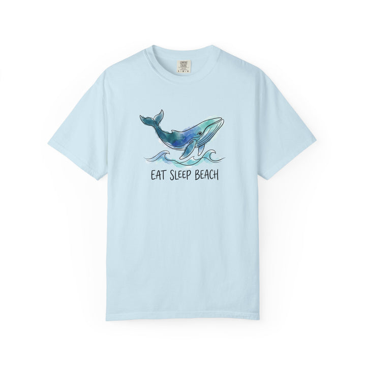 Light blue t-shirt with a whale graphic and &