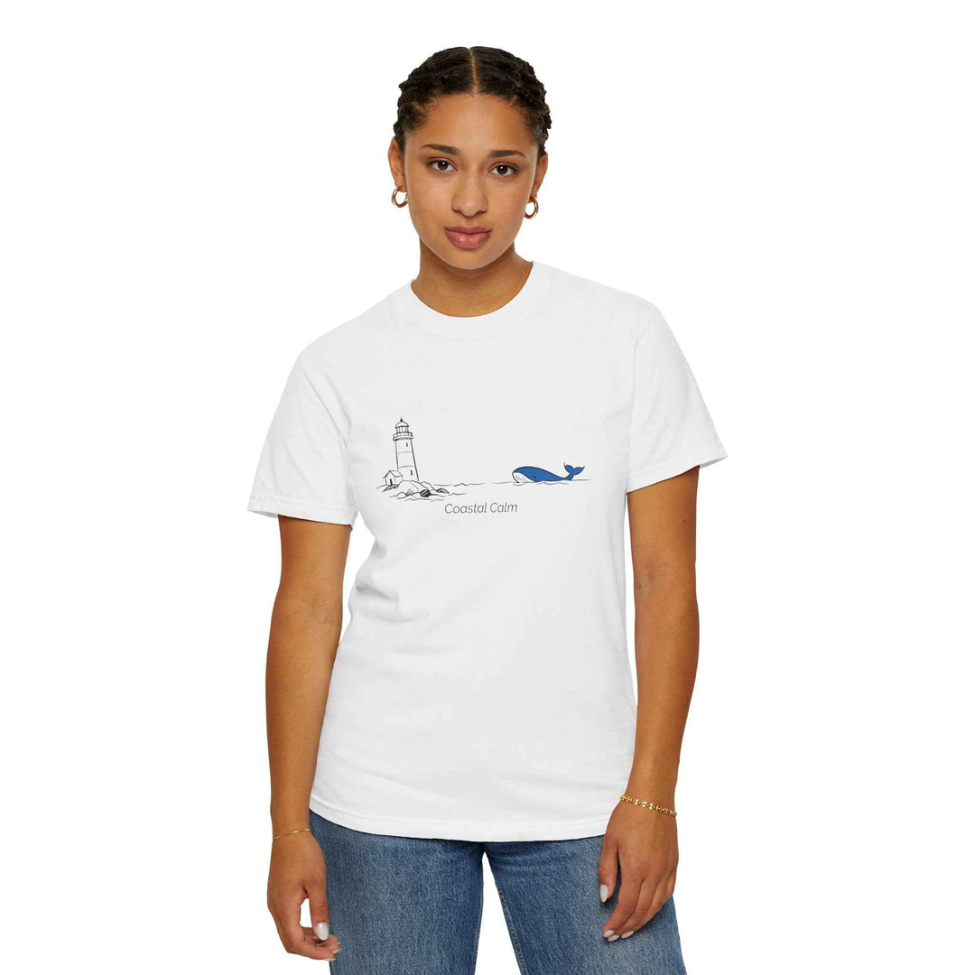 Lighthouse &amp; Whale T-Shirt — Coastal Nautical Tee ("Coastal Soul") Cotton Summer Tee