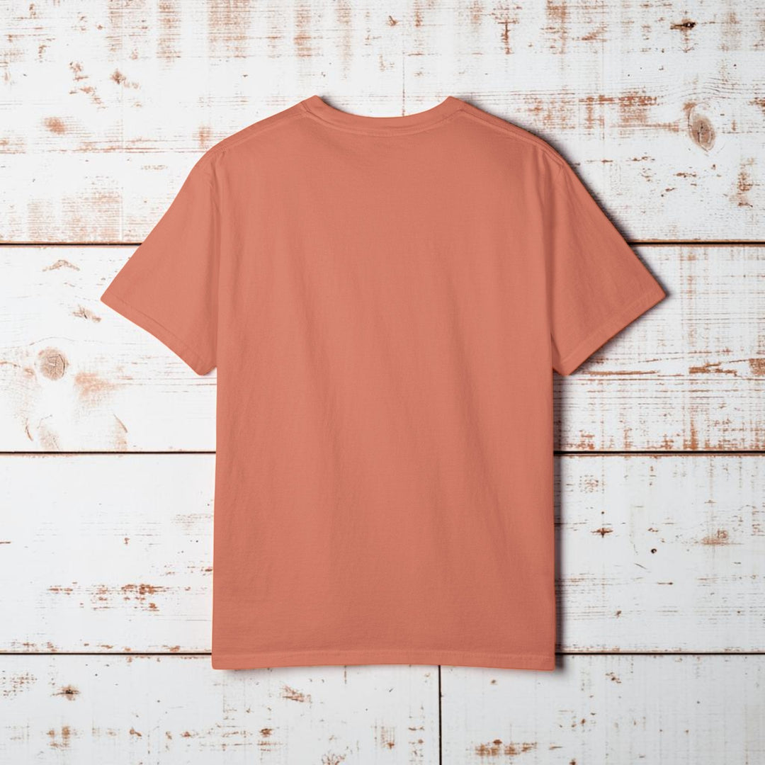 Back view of a plain terracotta t-shirt on a white background