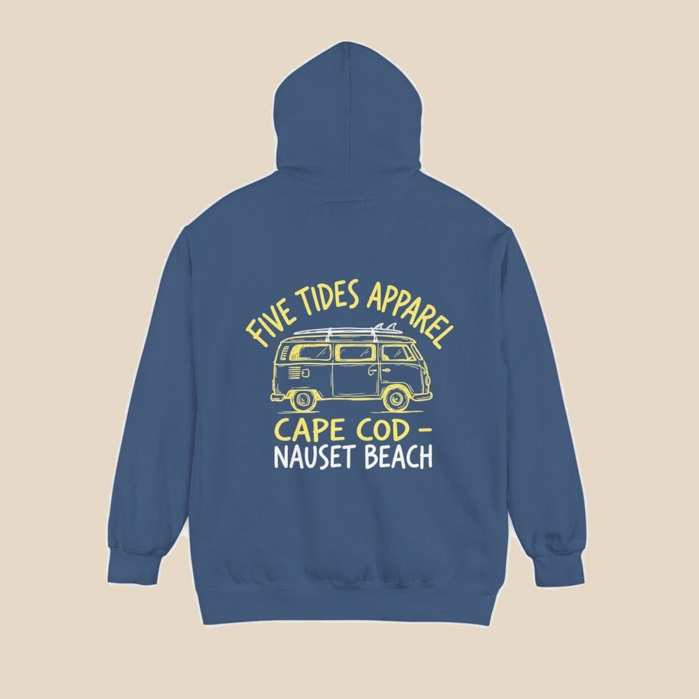 Cape Cod Nauset Beach vintage van true navy hoodie back flat lay — vintage van graphic pullover by Five Tides Apparel