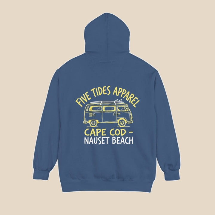 Cape Cod Nauset Beach vintage van true navy hoodie back flat lay — vintage van graphic pullover by Five Tides Apparel