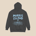 Morris Island coastal crimson hoodie front flat lay — coastal graphic pullover by Five Tides Apparel