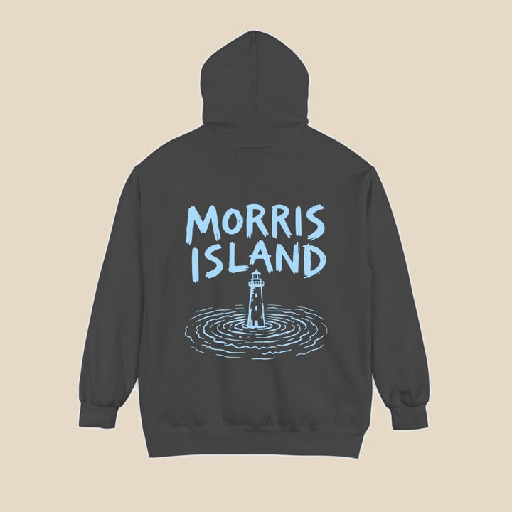 Morris Island coastal crimson hoodie front flat lay — coastal graphic pullover by Five Tides Apparel