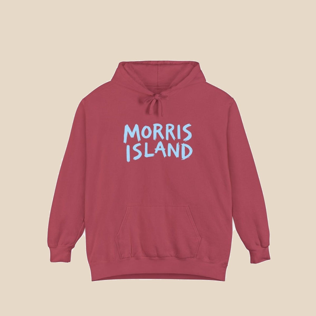Morris Island coastal crimson hoodie back view — coastal graphic pullover by Five Tides Apparel