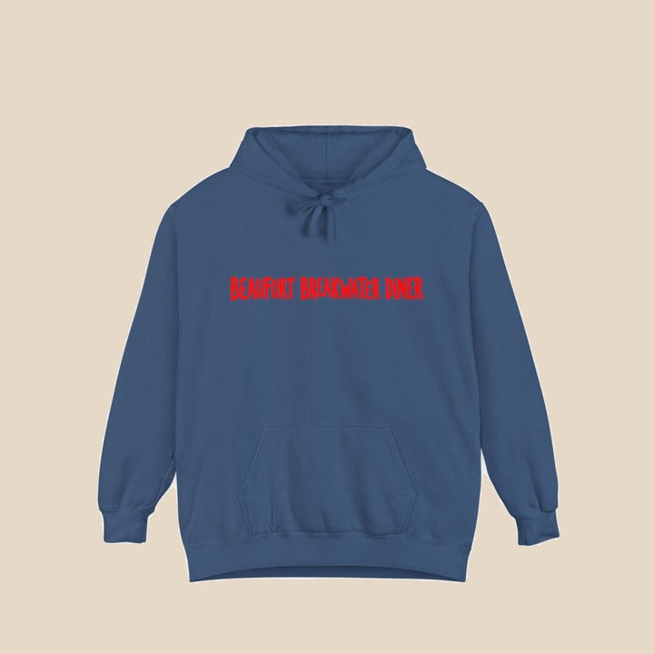 Beaufort Breakwater Diner hoodie — graphic close-up of this coastal graphic pullover by Five Tides Apparel