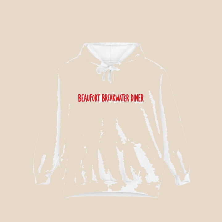 Beaufort Breakwater Diner hoodie — back view of this coastal graphic pullover by Five Tides Apparel