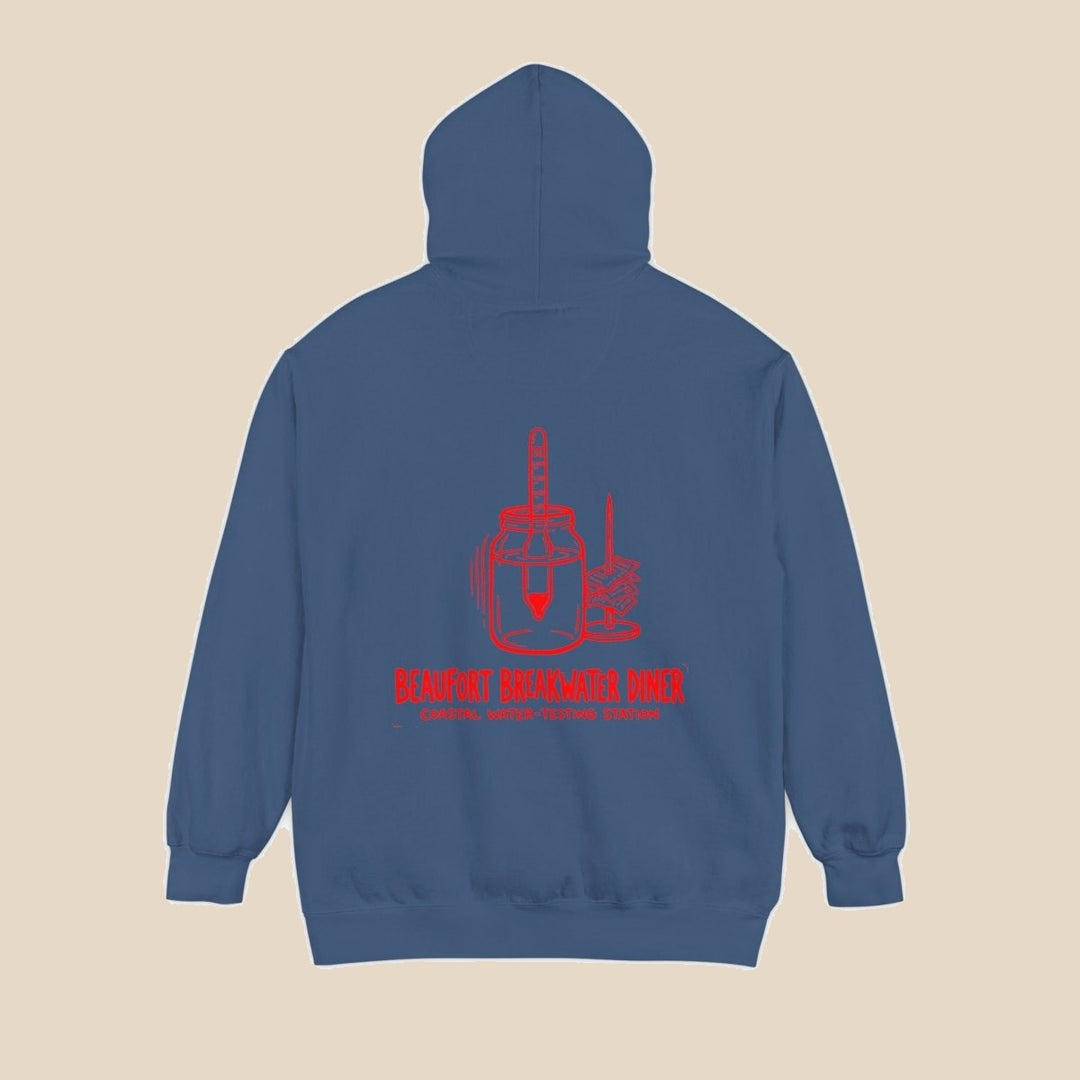 Beaufort Breakwater Diner hoodie — detail shot of this coastal graphic pullover by Five Tides Apparel