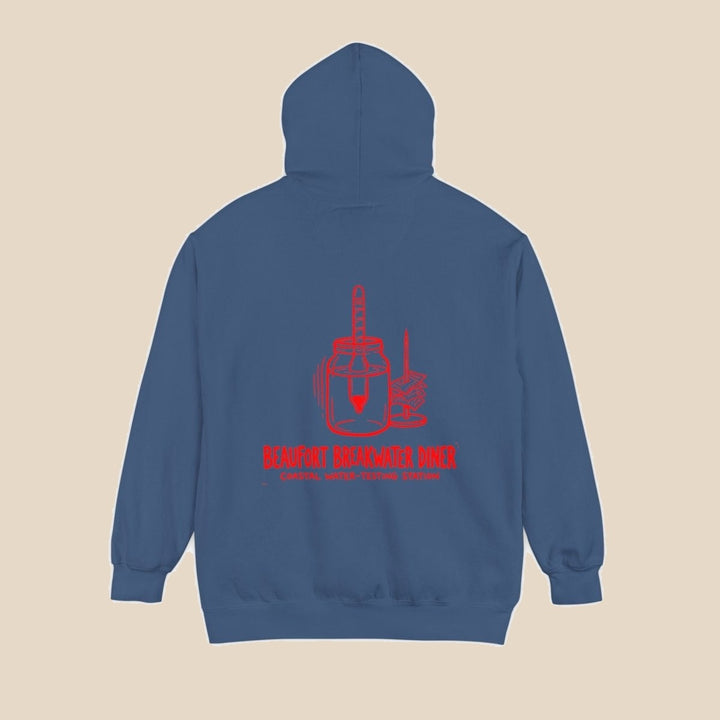Beaufort Breakwater Diner hoodie — detail shot of this coastal graphic pullover by Five Tides Apparel