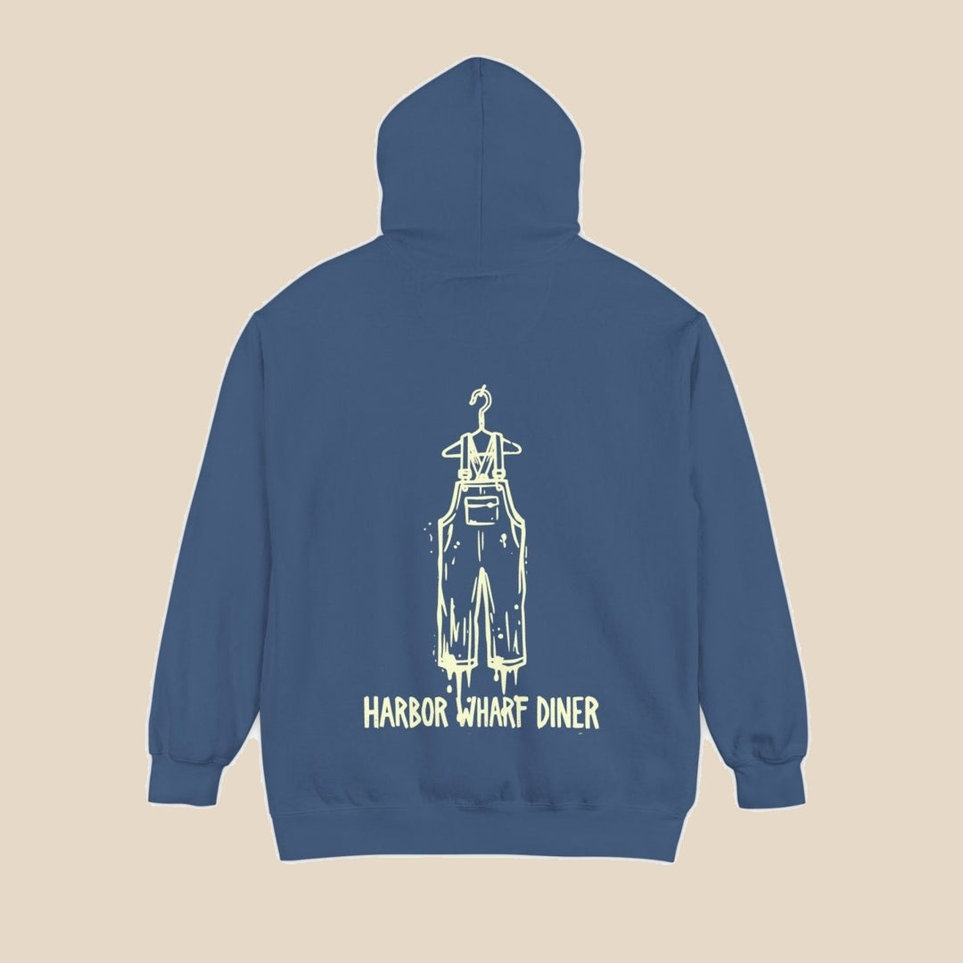 Harbor Wharf Diner navy hoodie flat lay — retro graphic pullover by Five Tides Apparel