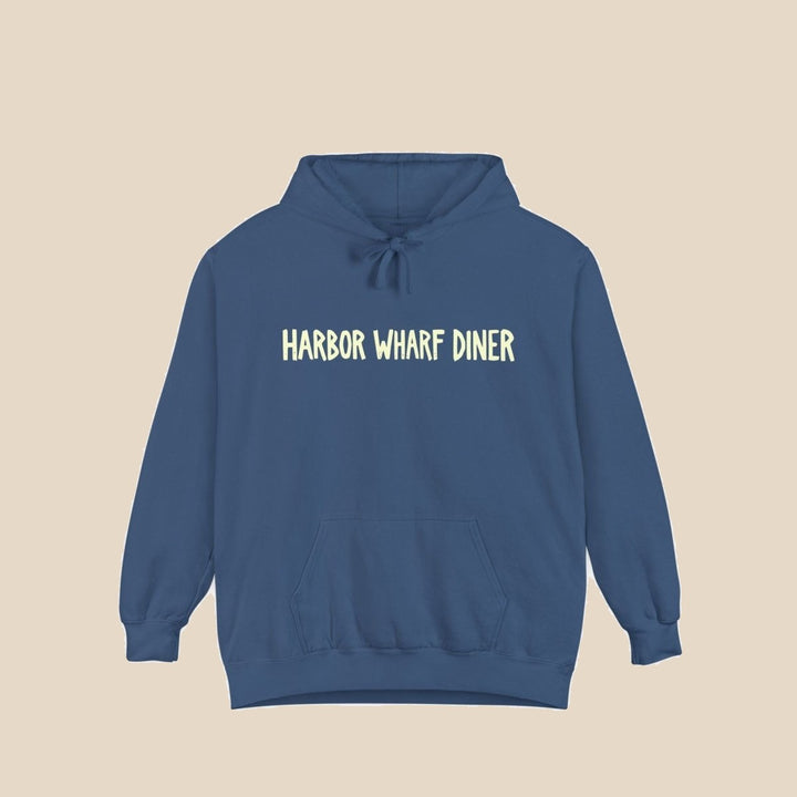 Harbor Wharf Diner navy hoodie close-up of graphic — retro graphic pullover by Five Tides Apparel