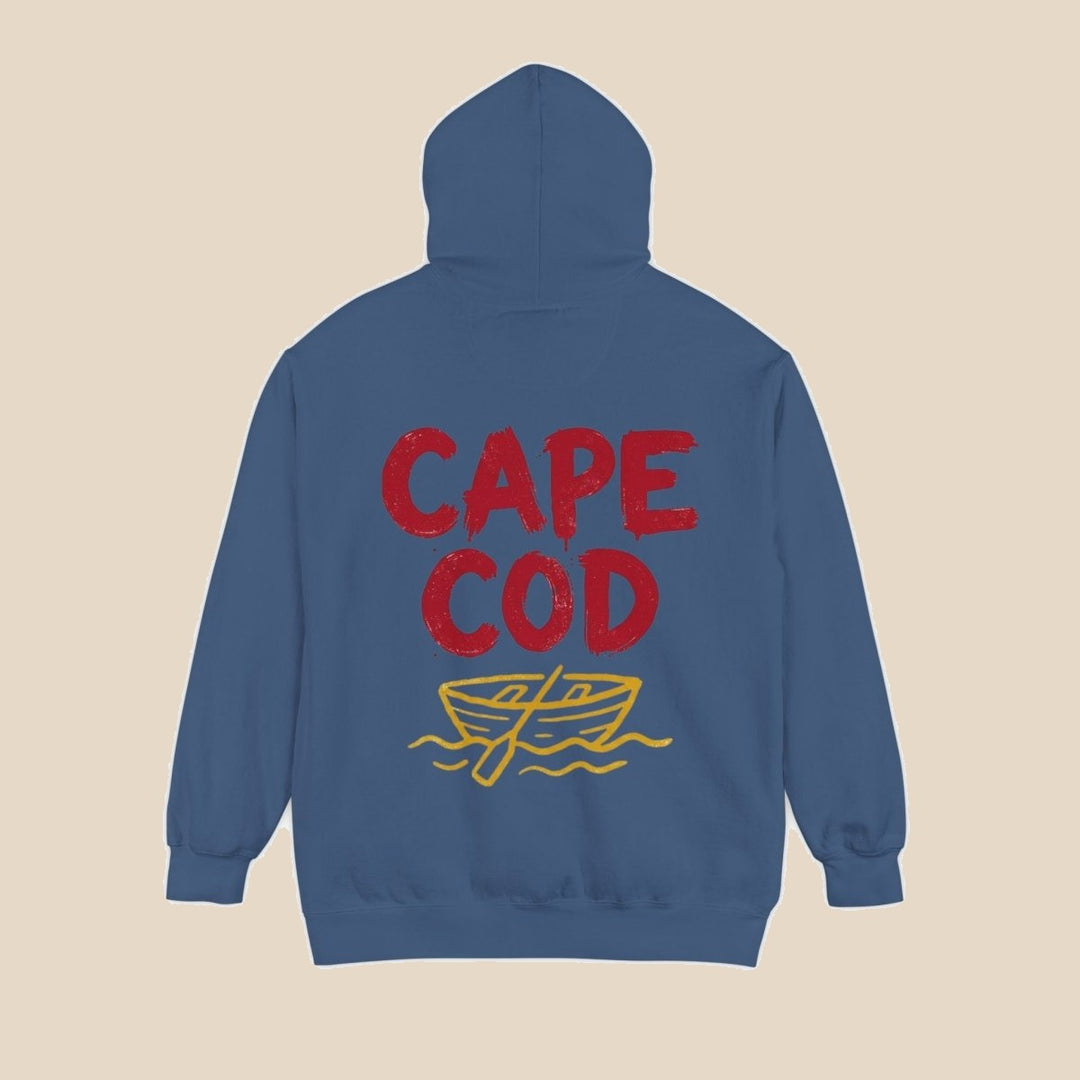 Cape Cod hoodie flat lay, view 1 — distressed red text coastal pullover by Five Tides Apparel