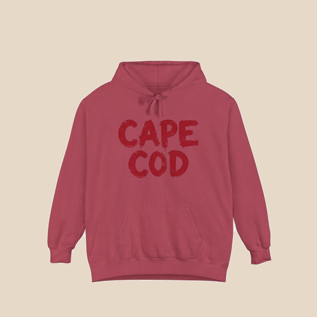 Cape Cod hoodie flat lay, view 2 — distressed red text coastal pullover by Five Tides Apparel